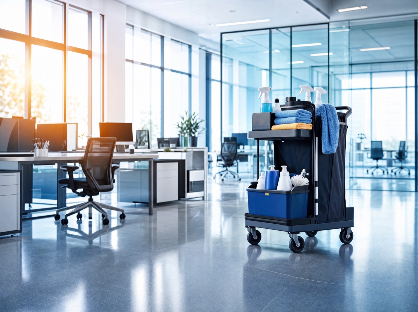 Frisch gereinigtes Büro mit spiegelndem Boden und Reinigungswagen